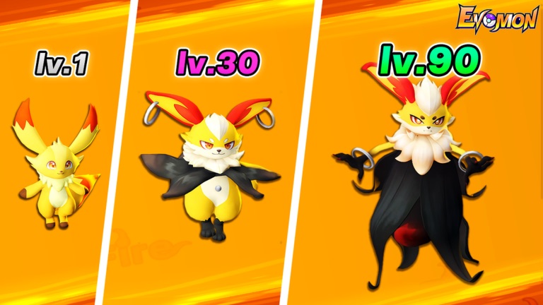 An Evomon evolution line at level 1, level 30, and level 90